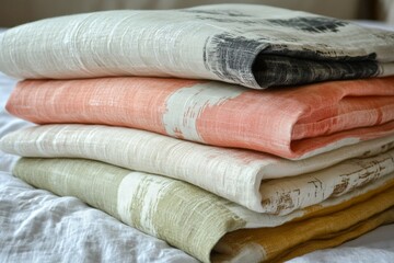 Poster - Soft linen fabric stacked in various colors on a cozy bed setting during daylight