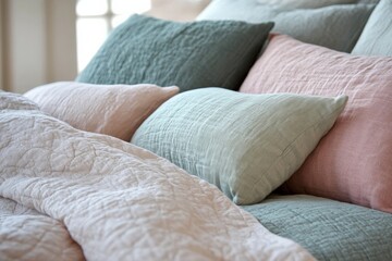 Poster - Soft pastel pillows and cozy bedding create a tranquil atmosphere in a sunlit bedroom setting