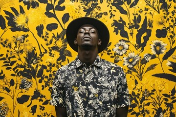 Canvas Print - Portrait of a stylish African man in a floral shirt against a vibrant yellow botanical background, exuding confidence and charisma in a trendy summer fashion look