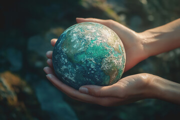 Wall Mural - Person holding a small green earth globe in hands symbolizing environmental awareness and care for the planet