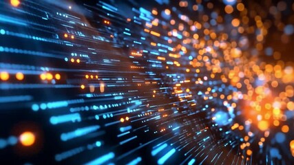 Poster - Dynamic stream of vibrant blue and orange particles creating a sense of motion in a digital space