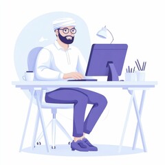Poster - of a Muslim entrepreneur or businessman working at his desk typing on a laptop computer in a modern minimalist professional office workspace