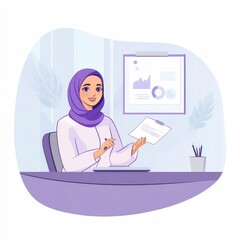 Poster - Flat design of a hijabi businesswoman presenting a report or data analysis in a corporate boardroom setting  The image depicts a professional  confident female employee sharing information