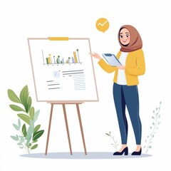 Poster - of a Hijabi Muslim Professional Woman Presenting Sales Data and Analytics Report on a Whiteboard During a Business Meeting in a Corporate Office Setting with Flat Design Style