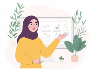 Poster - of a Muslim businesswoman presenting strategy and analytics on a digital screen in a flat design style  Depicts a professional woman leading a business meeting or training session