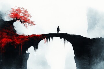 Poster - A pixel art scene of a character facing a destroyed bridge in a retro video game, with animated water flowing below and a clear sense of halted progress