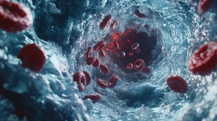 Aufkleber - A 3D animation of blood cells circulating through a vein, offering a dynamic view from different angles, showcasing the smooth flow through the vascular system