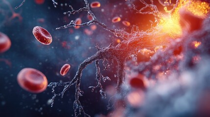 Poster - A 3D rendering of blood cells traveling through a vein, showing their movement and the intricate flow of the circulatory system from various perspectives