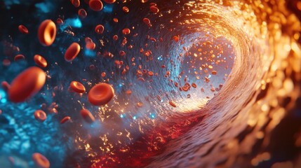 Poster - A 3D visual of blood cells moving through a vein, allowing the viewer to see the flow from different angles, highlighting the complexity of the circulatory system
