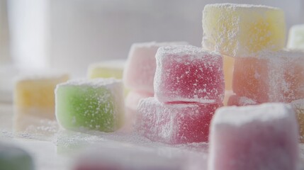 Poster - A beautiful close-up of Turkish Delight in pastel pink, green, and yellow hues, neatly placed on a white surface with plenty of room on the right for design or messaging
