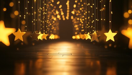 Poster - Awards Ceremony With Dramatic Lighting, Golden Stars, And Bokeh Decoration In The Dark Corridors - An Elegant Event.