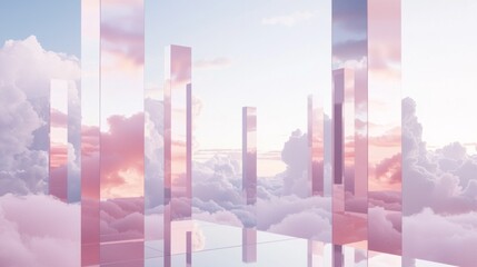 Aufkleber - Stunning vertical reflections rise amidst a soft sea of clouds, capturing the enchanting hues of twilight. The ethereal atmosphere invites a sense of wonder and serenity