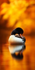 Poster - Duck preening, autumn leaves, water reflection