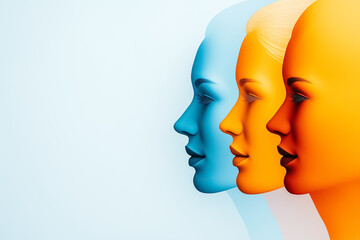 Poster - Outlines of distinct human faces blend seamlessly into a single profile, illustrating unity and diversity under soft midday light against a neutral backdrop