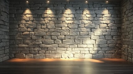 Poster - elegant stone wall with spotlighting and wooden floor in a modern interior setting, creating a cozy 