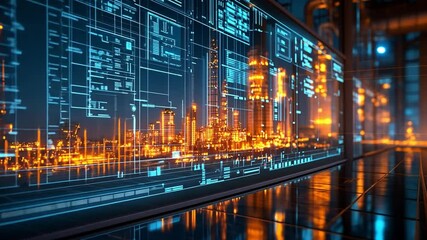 Fototapete - Futuristic cityscape illuminated by neon lights and digital displays at night