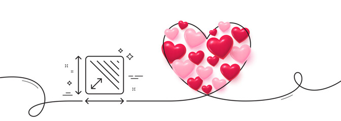 Poster - Square area line icon. Continuous line big heart. Room dimension sign. Territory measurement symbol. 3d hearts in heart shaped loop. Square area single line ribbon. Loop curve pattern. Vector