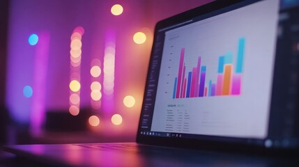 Poster - A blurred background of a laptop screen with a document displaying a vibrant bar graph, highlighting success metrics and positive business outcomes