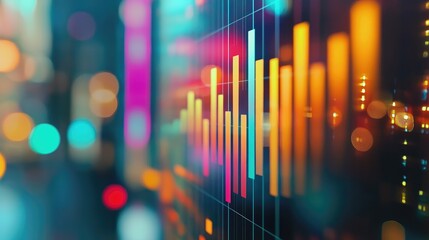 Poster - A blurred laptop screen with a document featuring a colorful bar graph, symbolizing business success, performance tracking, and growth in a professional setting