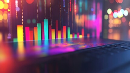 Poster - A blurred laptop screen with a document featuring a colorful bar graph, symbolizing business success, performance tracking, and growth in a professional setting