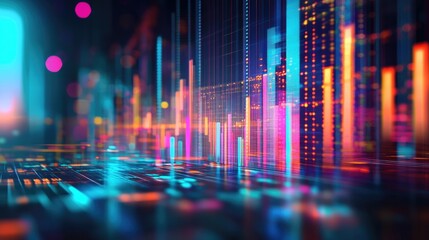 Poster - A blurred laptop screen with a vibrant bar graph on a document, illustrating successful performance trends and data analysis in a dynamic business context