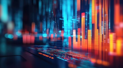 Poster - A blurred laptop screen with a vibrant bar graph on a document, illustrating successful performance trends and data analysis in a dynamic business context