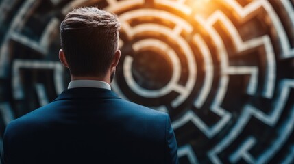Poster - A businessman in front of a circular maze, symbolizing the complexity of business decisions, as he prepares to tackle the next challenge ahead