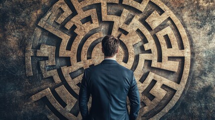 Poster - A businessman in front of a circular maze, symbolizing the complexity of business decisions, as he prepares to tackle the next challenge ahead