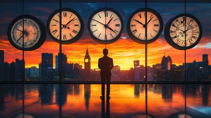 Poster - A businessman standing in an office at sunset, looking at clocks on the wall that represent different time zones, with the city skyline glowing in the background