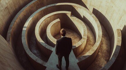 Poster - A businessman standing thoughtfully before a circular maze, contemplating his next move, symbolizing decision-making and complex business challenges