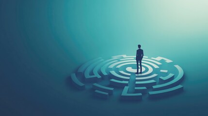 Poster - A businessman standing thoughtfully before a circular maze, contemplating his next move, symbolizing decision-making and complex business challenges