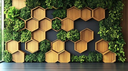 Poster - modern wooden wall design featuring hexagonal tiles and lush greenery creates a tranquil indoor spac