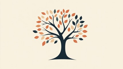 Aufkleber - Stylized tree icon featuring branches adorned with orange and green leaves set against a minimalist background. Generative AI