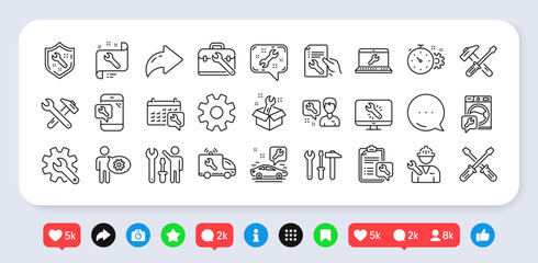 Poster - Repair car service line icons. Social media: share, comment, like icons. Set of Screwdriver, Hammer and Spanner tool icons. Recovery, Washing machine repair, Car service. Vector