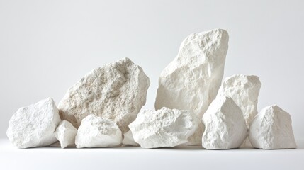 Poster - A carefully arranged group of natural chalk rocks in varying sizes and textures, set against a crisp white background for a clean, elegant look