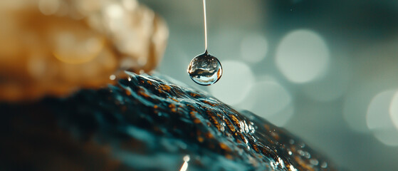 Poster - macro shot of single droplet suspended on leaf tip, reflecting light beautifully
