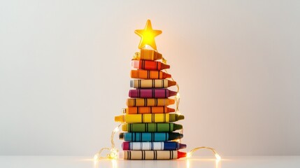 Poster - A cheerful holiday display with crayons stacked into a Christmas tree, topped with a yellow star, and illuminated by festive lights against a clean white background