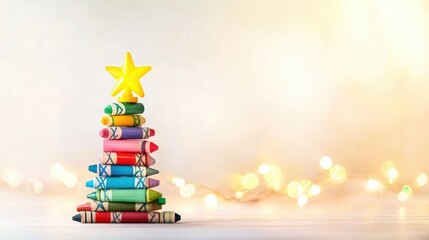 Poster - A cheerful holiday display with crayons stacked into a Christmas tree, topped with a yellow star, and illuminated by festive lights against a clean white background