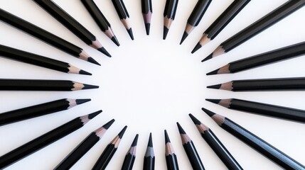 Poster - A clean, artistic shot of black pencils arranged into a geometric radial pattern on a white background, embodying simplicity and precision