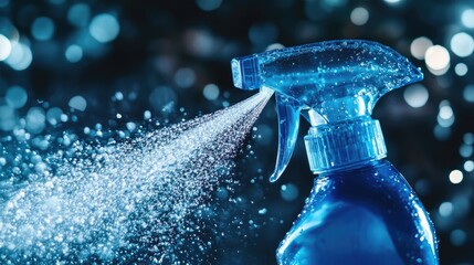 Poster - A close-up of a blue spray bottle in motion, with water splashes dynamically captured, highlighting its practical use in cleaning and refreshing spaces