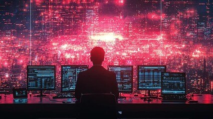 Poster - A solitary figure analyzes data in a futuristic control room illuminated by vibrant digital displays