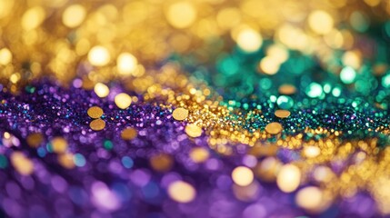 Poster - A close-up of a glittery surface in vibrant Mardi Gras colors--purple, green, and gold--catching the light, creating a festive and energetic vibe perfect for celebration
