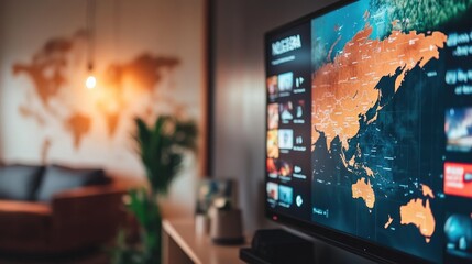 Poster - A close-up of a modern TV displaying streaming services, with a soft-focus world map in the background, symbolizing the global nature of digital media
