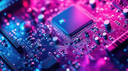 Poster - A close-up of an RGB-lit cooling system in a custom PC, highlighting vibrant neon colors and high-performance components, symbolizing modern tech innovation