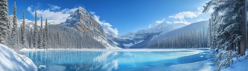 Wall Mural - a stunning winter landscape featuring a frozen lake surrounded by majestic mountains.