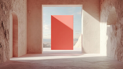 Aufkleber - Floating Rectangular Panel Framed by Soft Red Light in a Minimalist Architectural Setting