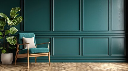 Aufkleber - Cozy teal living room with a stylish chair, decorative plant, and elegant wooden flooring