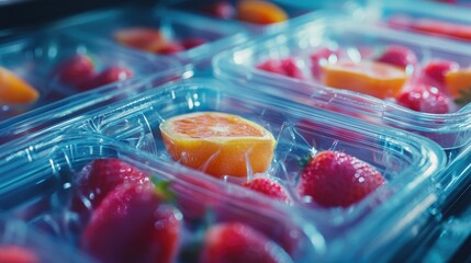 Aufkleber - A close-up shot of food packaging with microscopic nanosensors, revealing how they detect harmful substances, advancing food quality monitoring