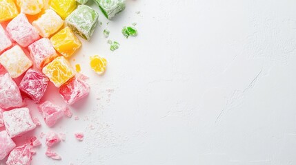 Aufkleber - A close-up shot of Turkish Delight in pink, green, and yellow, arranged beautifully on a white background, offering plenty of copy space to the right for promotional use
