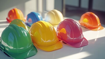 Poster - A close-up view of several colorful hard hats on a white surface, representing different aspects of teamwork and precision in construction projects